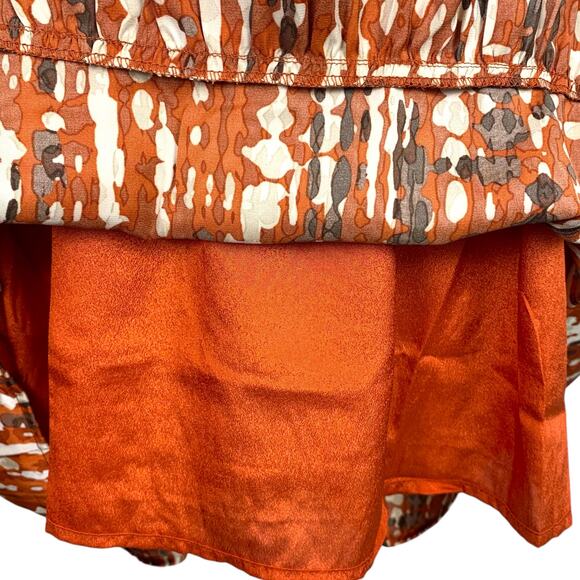 THML Women's Size MED Dress Rust Cream Brown Ruffle Bottom Puff Sleeve - Picture 6 of 14